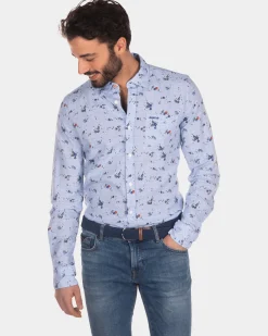 Printed linen cotton shirt light blue - Light Blue
