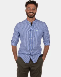 Rotonuiaha striped linen shirt without collar - Chinese Blue