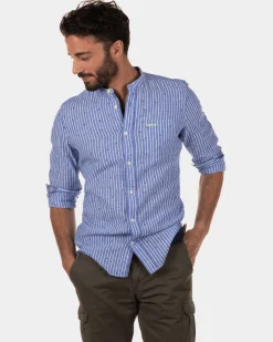 Rotonuiaha striped linen shirt without collar - Chinese Blue