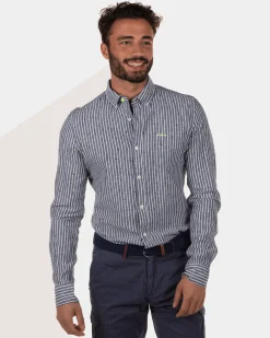 Rotonuiaha Striped Linen Shirt - Lead Green