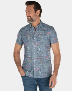 Short sleeved linen cotton shirt with flower print - Key Navy