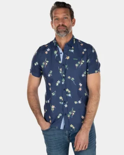 Short sleeved linen cotton shirt with flower print - Key Navy