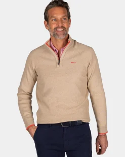 Solid beige cotton pullover with half zip