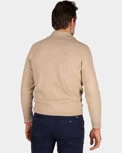 Solid beige cotton pullover with half zip