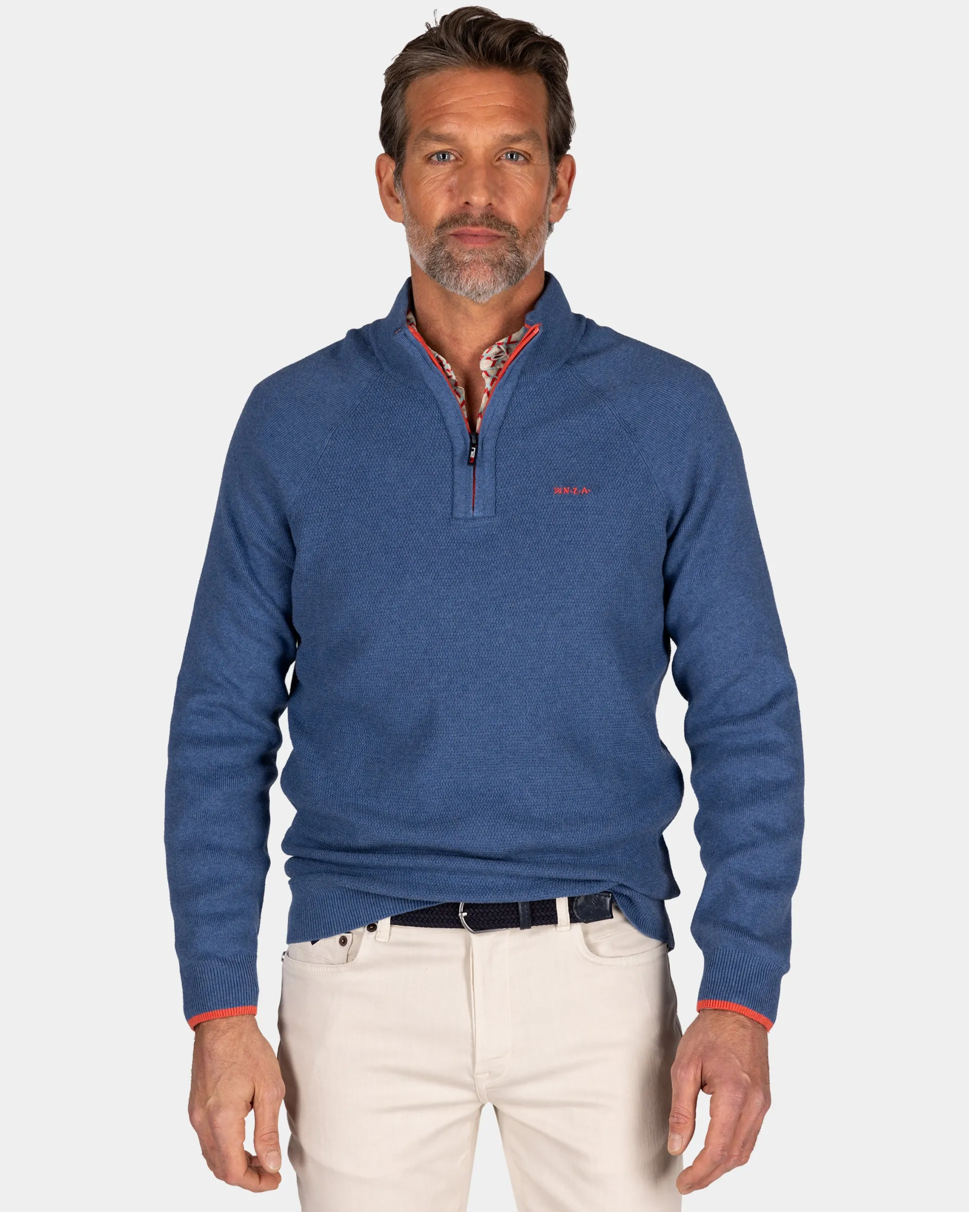 Solid blue cotton pullover with half zip