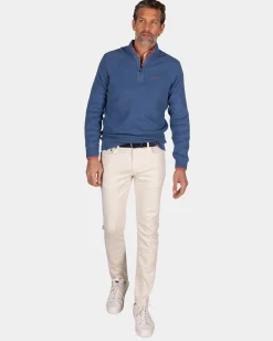 Solid blue cotton pullover with half zip