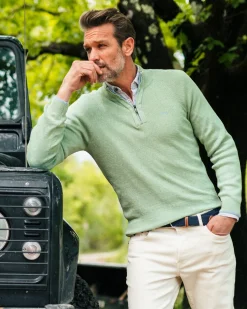 Solid green cotton pullover with half zip