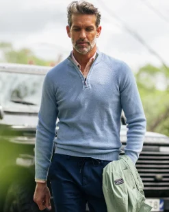 Solid light blue cotton pullover with half zip
