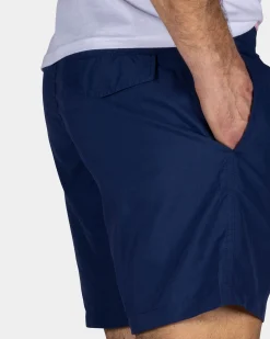 Solid Navy Swim Shorts with Pink Details