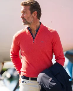 Solid orange cotton pullover with half zip