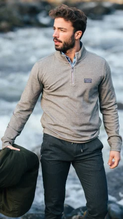 Sporty gray sweater with half-zip - Mud