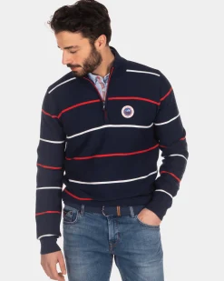 Striped jumper with half zip blue red white - Industrial Navy