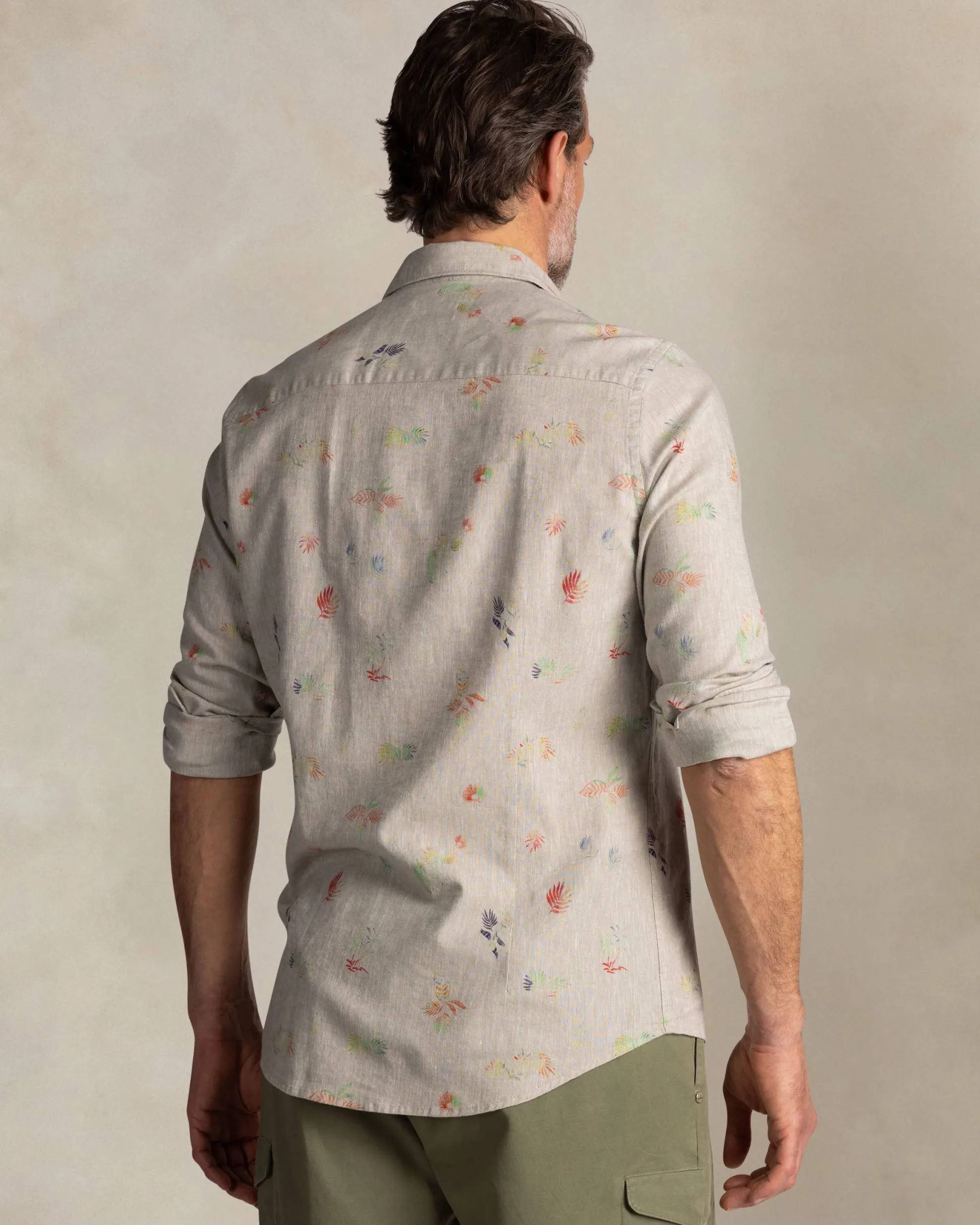 Taupe shirt with colorful floral print