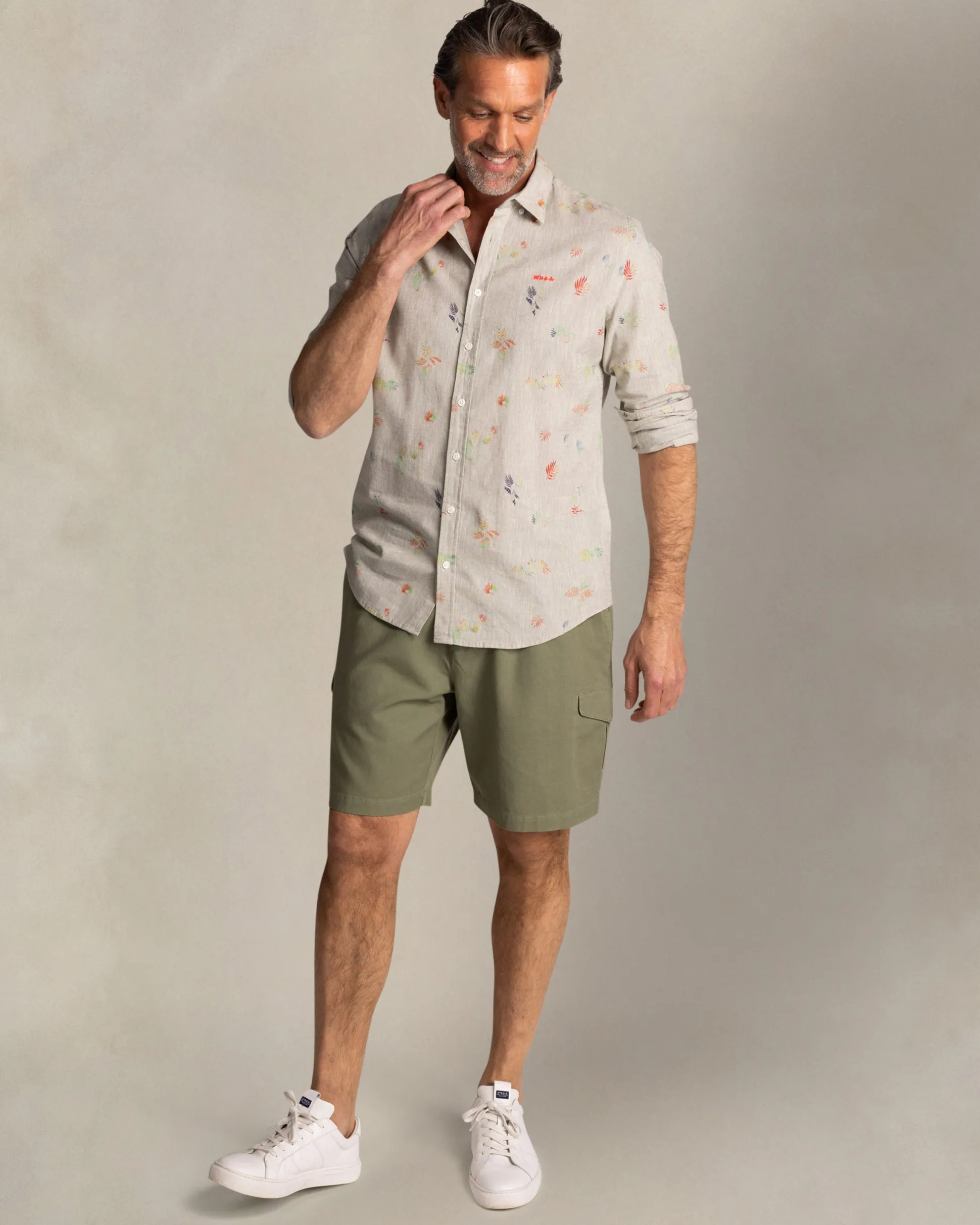 Taupe shirt with colorful floral print