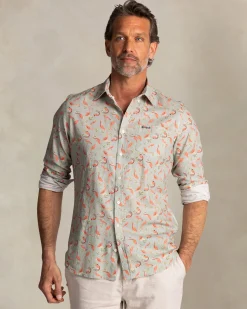 Taupe shirt with orange graphic print