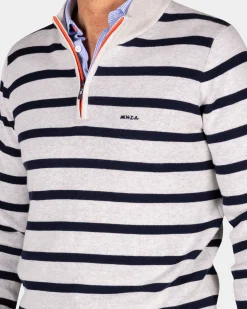 White cotton sweater with navy stripe