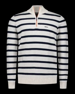 White cotton sweater with navy stripe