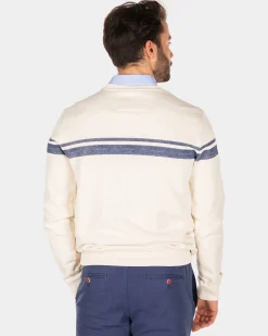 White crew neck sweater with blue stripe - Cream