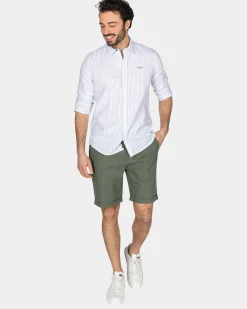 White Linen Shirt with Light Green Stripe