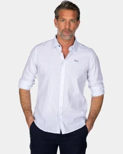 White Linen Shirt with Pastel Blue Stripe