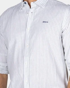White Linen Shirt with Pastel Blue Stripe