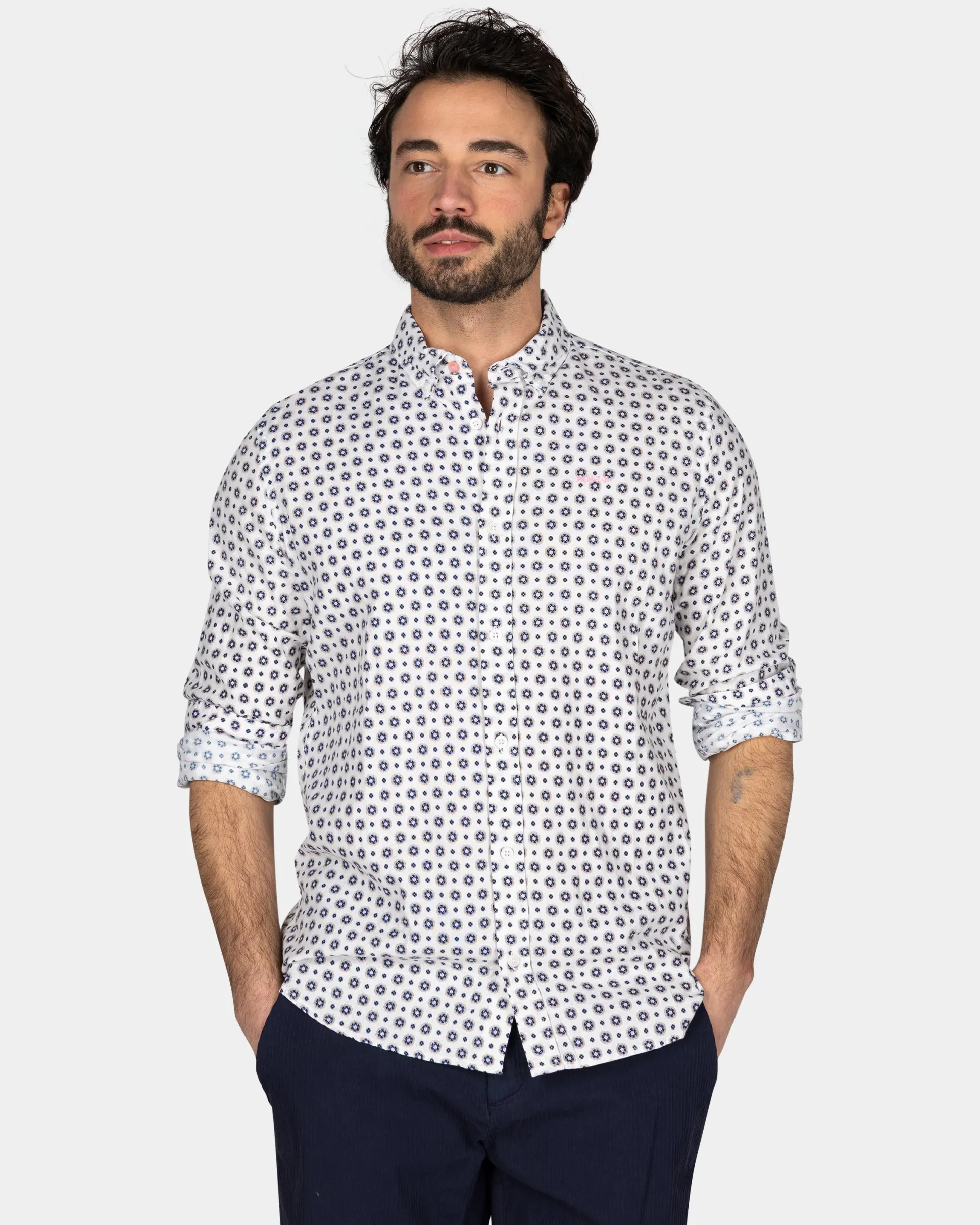 White Shirt with Blue Graphic Print