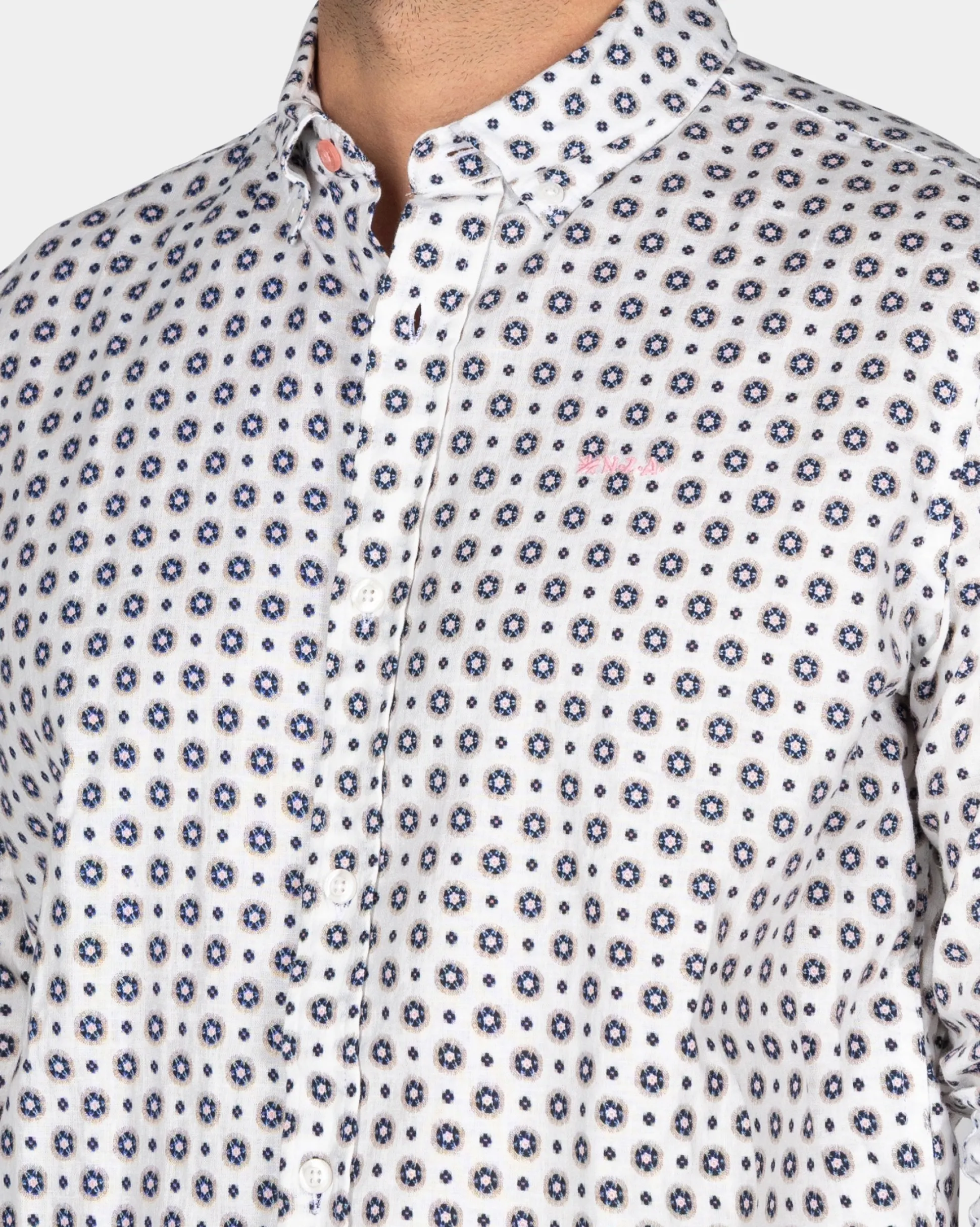 White Shirt with Blue Graphic Print