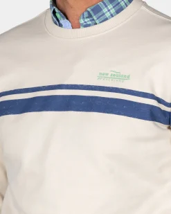 White sweater with light blue stripes