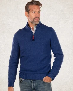 Wool plain half zip pullover - Bright Water Blue
