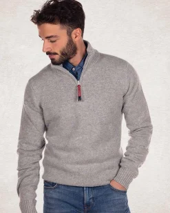 Wool plain half zip pullover - Grey Melange